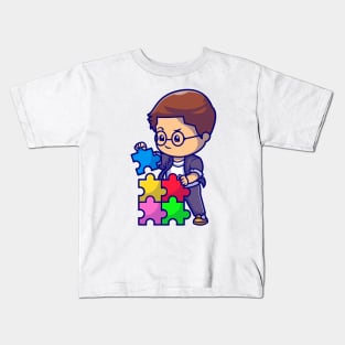 Cute Boy Connecting Puzzle Pieces Cartoon Kids T-Shirt